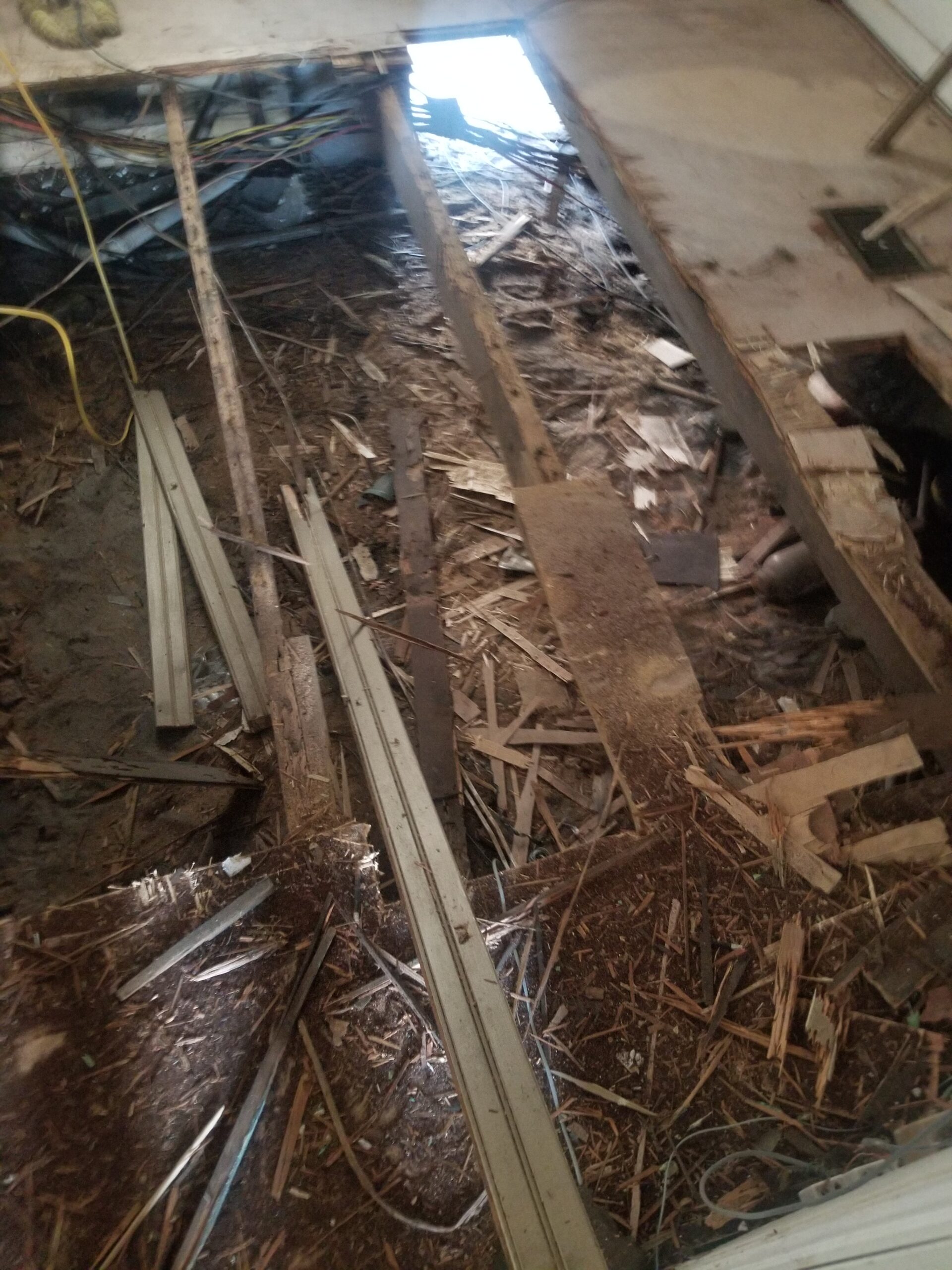 In-progress interior: exposed subfloor and framing mid-restoration.